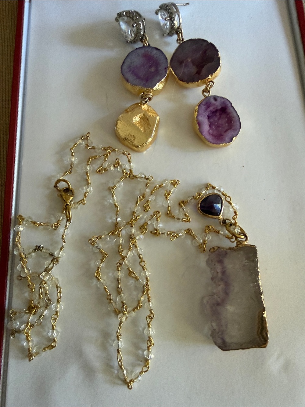 Hammered Gold  AMETHYST GEODE  Drop Earrings and 20” Pendant Necklace Set